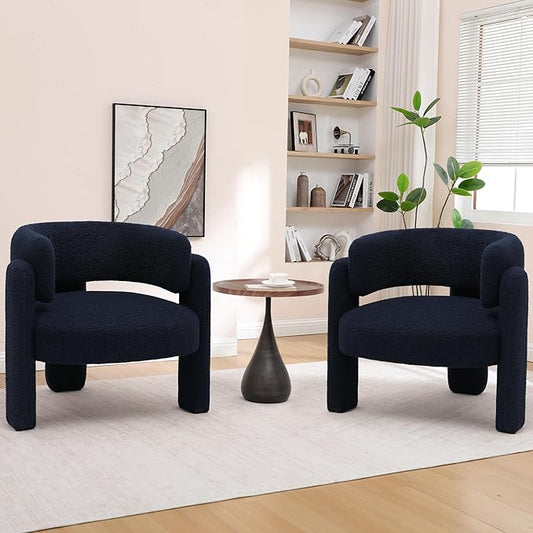 Accent Chairs Set of 2, Modern Sherpa Barrel Chairs, Upholstered Living Room Chairs with 3 Legs, Comfy Armchair Reading Side Chair for Bedroom, Office, Apartment, Blue