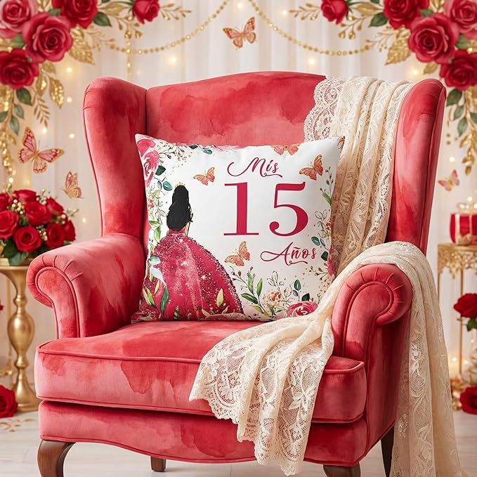Kathfly Cojines para 15 Años De Quinceañera Decoration 16 x 16 Inche Red Quinceañera Pillow Gifts Mis Xv Años Throw Pillow Sweet for Daughter Sister Friend 15th Birthday Gifts