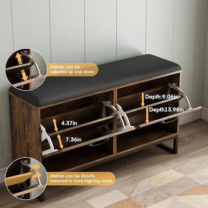 Maupvit Shoe Cabinet with 2 Flip Drawers & Coat Rack, Shoe Storage Bench with Seat Cushion for Entryway, 5 Large Sturdy Metal Hooks - with Locking Wall Parts, Rustic Brown - Image 5