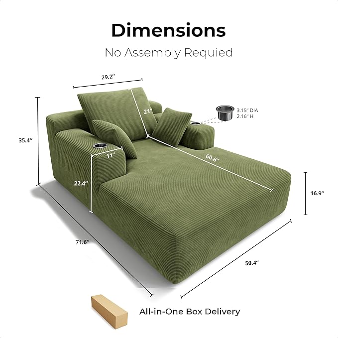 LIKIMIO 71.6" Oversized Chaise Lounge Chair Indoor, Corduroy Cloud Couch with 2 Cup Holders & Storage Pockets, No Assembly 2-in-1 Sleeper Sofa Bed, Deep Seat Reading Chair for Living Room (Green) | Chaise Lounge Indoor, OEKO‑TEX corduroy, Cup holders|s...