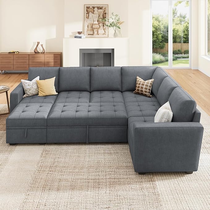 HONBAY Modular Sectional Couch with Pull Out Bed Sleeper Sofa with Storage U Shaped Modular Sectional Couches for Living Room,Warm Bluish Grey