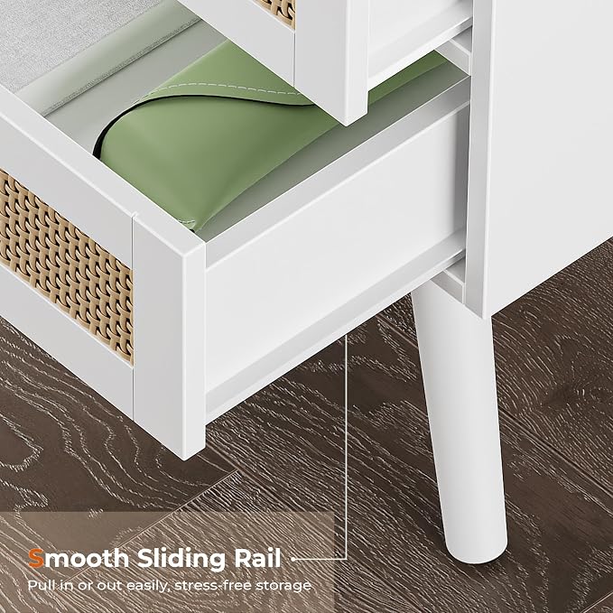 SUPERJARE 2 Drawer Night Stand with Charger Station, Boho Rattan Nightstand Set of 2, 25.2 Inch Tall Bed Side Table with Solid Wood Feet, End Table, Open Storage, Synthetic Rattan, for Dorm, White - Image 7