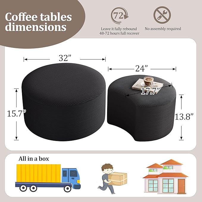 Nesting Coffee Table Set of 2, Upholstered Round Corduroy Circle Foam Round Side Table for Living Room, Entryway Set, 32"+17" Footrest No Assembly (Black, 32"+17")