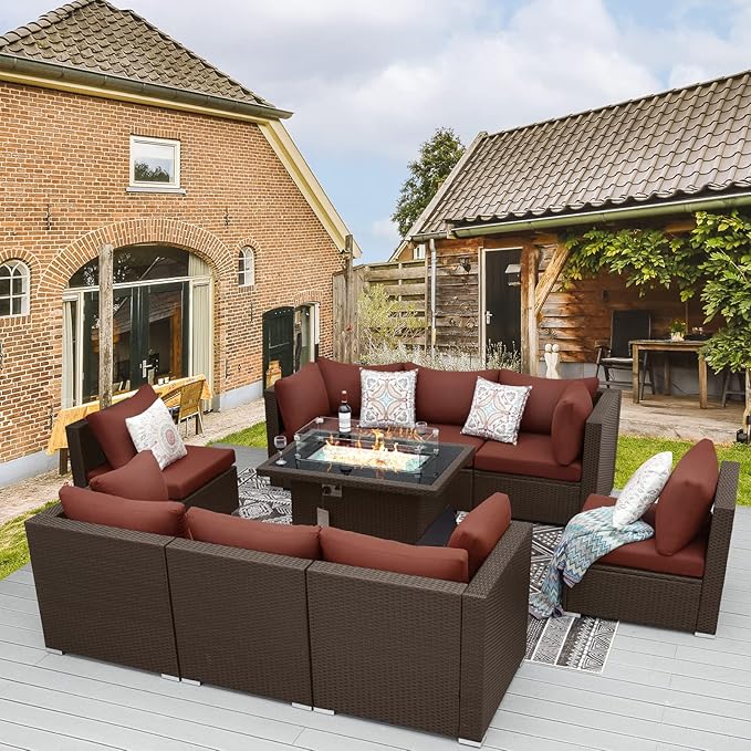 BULEXYARD 9 Pcs High Back Outdoor Sectional Set with Firepit Table, Modern Luxury Patio Furniture Seating Set, Oversized Wide Deep Modular 8-Seater Couch Sofa for Backyard, Brown Wicker & Red Cushion