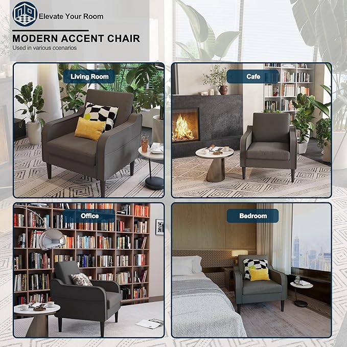 Ribilake Grey Accent Chair - Upholstered Armchair with Side Pockets, Comfy Living Room Arm Chair, Reading Accent Chairs for Bedroom, Living Room, Apartment, Office