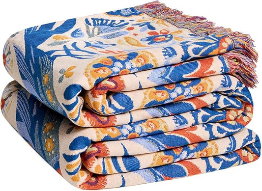 LUTBM Boho Throw Blanket for Bed Cotton Spring Blankets Twin Size for Bedroom Living Room All Season Lightweight Floral Bird Embroidery Breathable Quilt for Couch Sofa Chair 60"x80" Home Decor