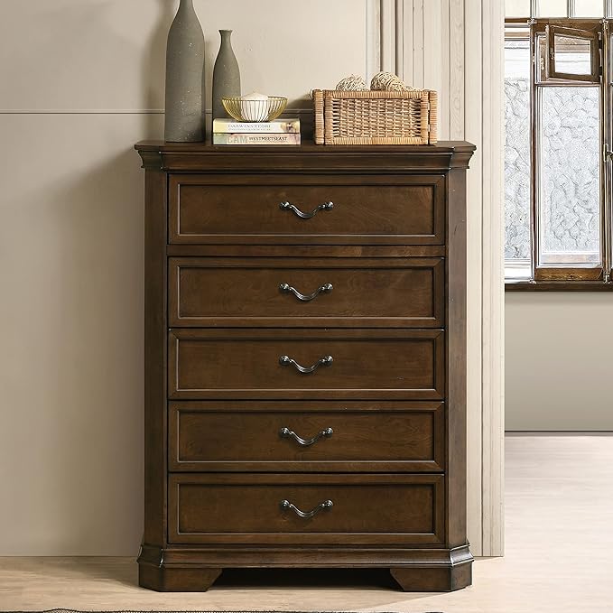Roundhill Furniture Maderne Traditional Wood Panel Bed with Dresser, Mirror, Two Nightstands, Chest, Queen, Antique Walnut Finish