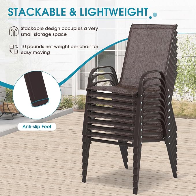 Outdoor Stackable Chairs Set of 8, Stacking Patio Chairs with Textilene Fabric, Outside Furniture for Garden Backyard Balconie Poolside Deck, Brown - Image 5
