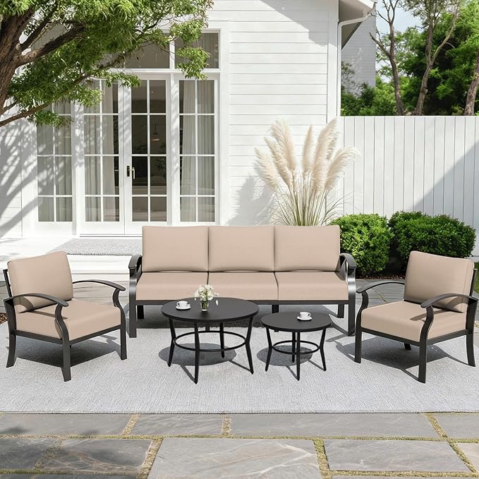 ALAULM Aluminum Patio Furniture Set with Round Coffee Tables, 5-seat Outdoor Sectional Furniture w/5.1" Cushions, Patio Conversation Set for Porch, Backyard, Poolside-Sand