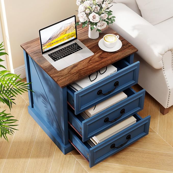 Vipbear 22" Nightstand with Charging Station 3 Drawer Large Blue Farmhouse Night Stand Wood Rustic Bedside End Table with Vintage Smile Handles Storage Space for Bedroom,Closet - Image 6