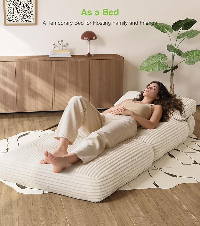 Plush Corduroy Folding Sofa Bed, Free Setup Floor Beds, 34" Boneless Couch for Small Spaces, Corner Chair, Convertible Sleeper Chair, Corner Couch, Foldable Sleeper Sofa Beds, Beige