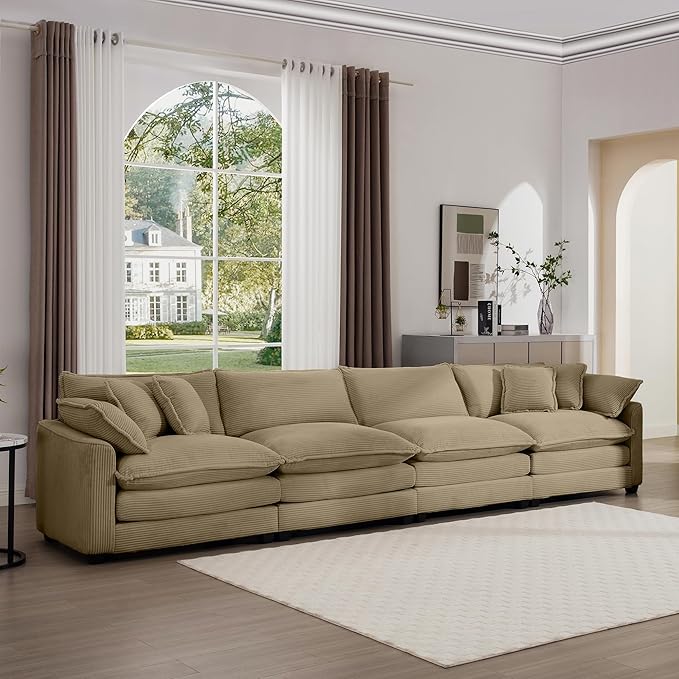 KEIKI 150" Oversized Corduroy Modular Sectional Cloud Sofa with High-Density Foam Cushions, Removable Armrests, Upholstered Modern 4-Seater Fluffy Corner Couch with 6 Pillow, for Living Room, Tan