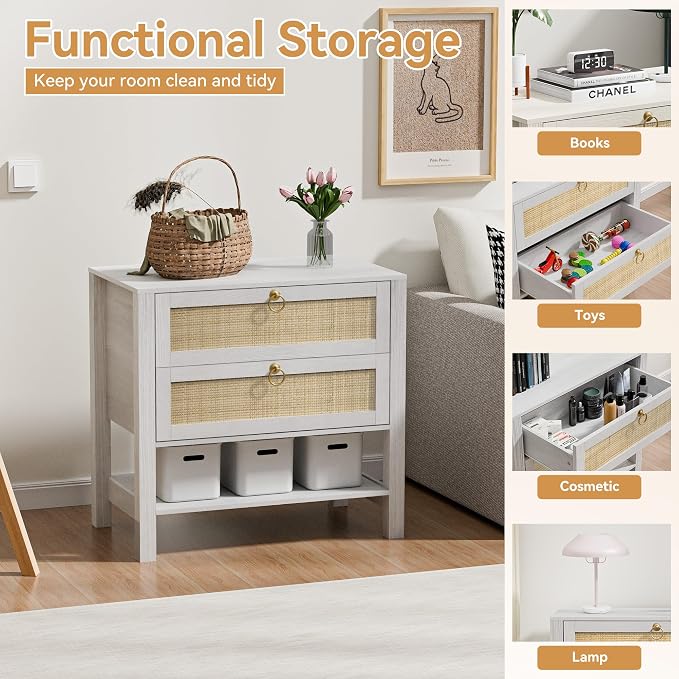 Rattan Nightstand with 2 Drawers and Storage Shelf, 26” Tall Boho Night Stand, Wood Large Bedside Table with Golden Handle for Bedroom, Side Table, White and Oak with Grey Wood Texture - Image 9
