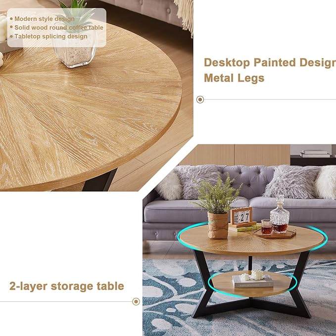 Round Coffee Table, Wood Circle Coffee Table with 2-Tier Storage, Center Table for Living Room Bedroom Office Apartment, Easy Assembly, 35'x 18'Inches, Light Brown