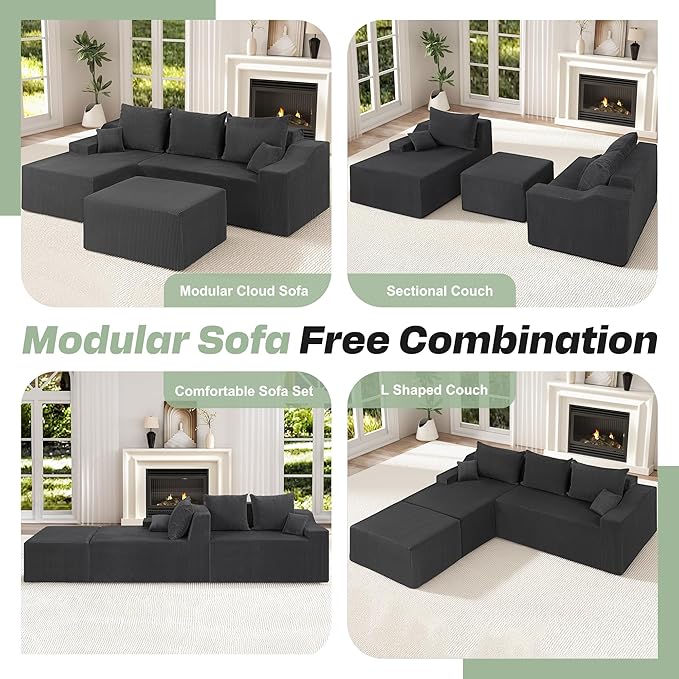 HABUTWAY 94“ U Shaped Modular Sectional Couch for Living Room, Modular Cloud Sofa with Ottoman, No Assembly Boneless Couches with Deep Seat, Corduroy Fabric (Grey, Left Facing)