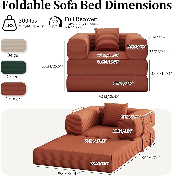 Folding Sofa Bed, 2 in 1 Convertible Sofas to Lounger Comfy Single Bean Bag Chair Floor Portable Foldable Sleeper Lazy Futon Couch Chair for Bedroom, Living Room(Orange, 35.43" Single Sofa)
