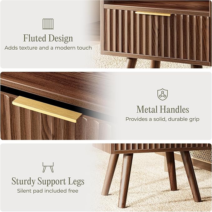 Huuger Nightstand with Charging Station, USB-C Port, Fluted Night Stand with Drawer, Bed Side Table with Solid Wood Feet, Open Storage, End Table with Raised Edge, for Bedroom, Walnut - Image 8