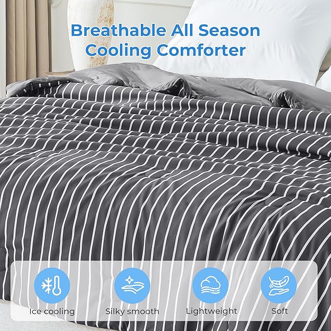 Pinstripe Cooling Comforter King Size, Q-Max 0.45 Reversible Striped Cooling Blanket for Hot Sleepers, Breathable Lightweight Silk Smooth Summer Bedding, Quilted Ice Blanket, Dark Gray