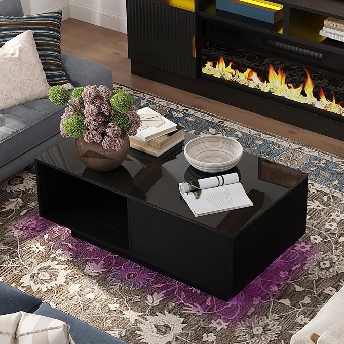 COSVALVE 43.3IN LED Black Coffee Tables for Living Room with 16 Colors LED Lights Modern Coffee Table with Storage Drawer Rectangle Center Table for Home Furniture