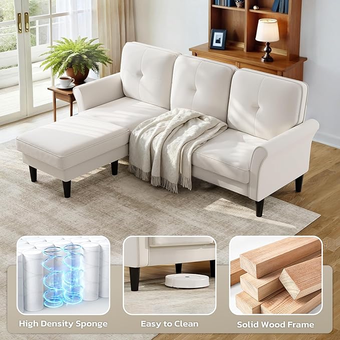 Sofas for Living Room, 83" Velvet Sectional Couch with Moveable Ottoman, Midcentury Modern Small Sectional Couch, L Shape Sofa & 3 Seater, Couches for Living Room, Apartment, Bedroom, Beige