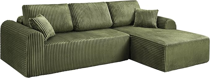 109-Inch L-Shaped Right Facing Boneless Corner Sofa 2 PCS Modular Sectional Cloud Sofa Couch with Chaise Lounge and Toss Pillow, Corduroy Boneless L-Shaped Couches