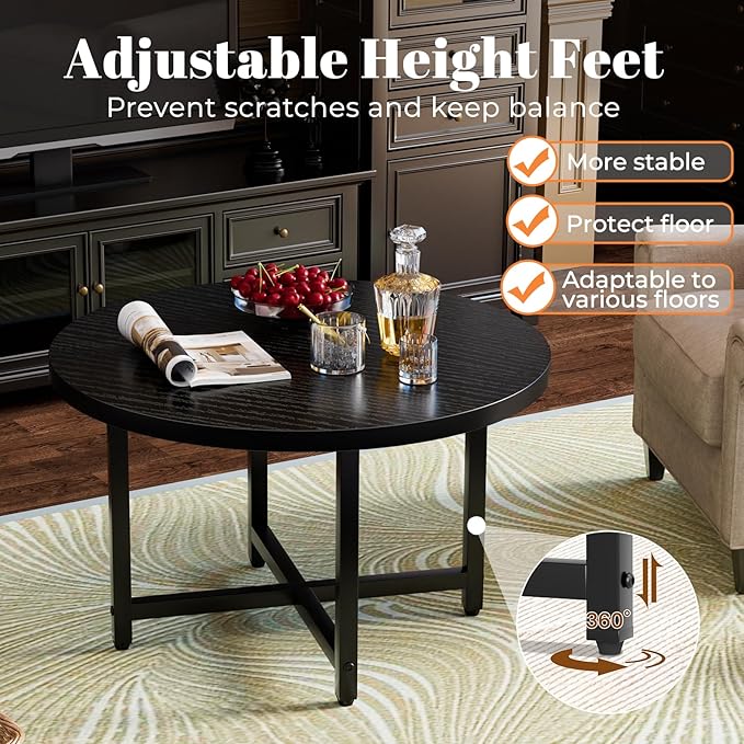 Round Coffee Table, Small Coffee Tables for Living Room, Black Coffee Table with Metal Frame, Floor Table Desk for Sitting on The Floor, Home, Office, Farmhouse, Black (23.6" D x 17.7" H)
