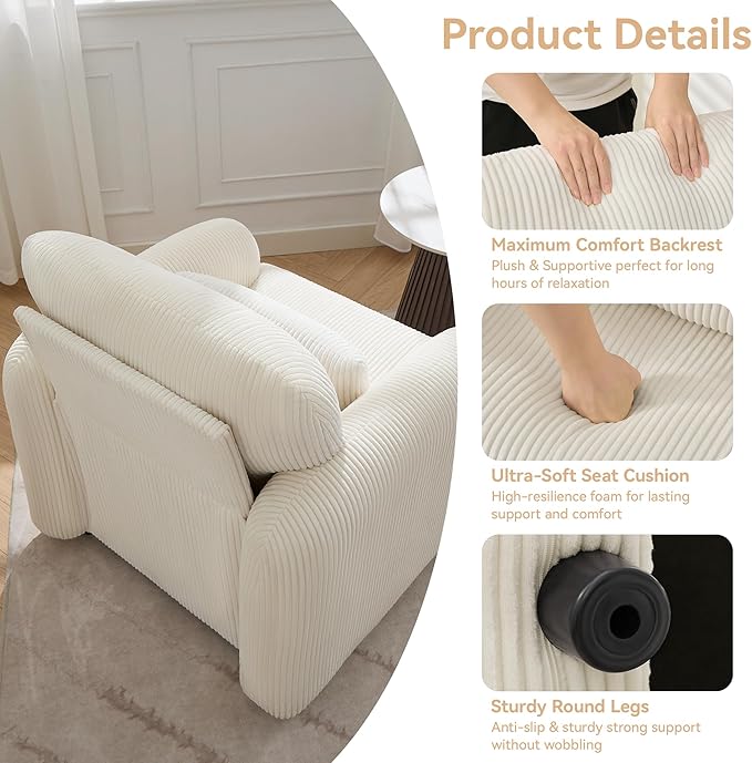 WUTUTUEE Corduroy Fabric Accent Chair, Modern Upholstered Living Room Chairs with Lumbar Pillow, Wide Comfy Leisure Armchair for Bedroom, Office, Reading, White
