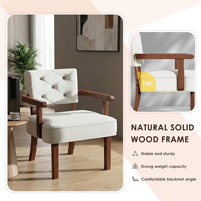 Modern Accent Chairs Set of 2,Butacas para Sala,Mid Century Small Arm Chair,Upholstered Wooden Chairs with Arm Rest,Tufted Backrest,Cushion, for Office,Waiting/Reading/Living Room, Beige