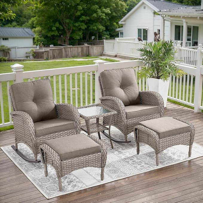 Belord 5 Piece Patio Rocking Chairs Furniture Set - Outdoor Wicker Furniture with Ottomans and Side Table, Rattan Conversation Bistro Set for Balcony Deck Porch