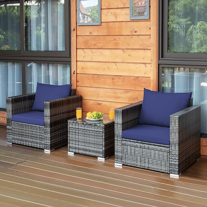 Tangkula 3 Pieces Patio Furniture Set, PE Rattan Wicker Sofa Set w/Washable Cushion and Tempered Glass Tabletop, Outdoor Conversation Furniture for Garden Poolside Balcony