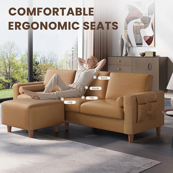 Vesgantti 100" Faux Leather Couch with Movable Ottoman, 3 Seater L Shaped PU Leather Sofa with Side Pocket, Comfy Mid Century Modern Modular Sectional Couch for Living Room, Apartment, Camel