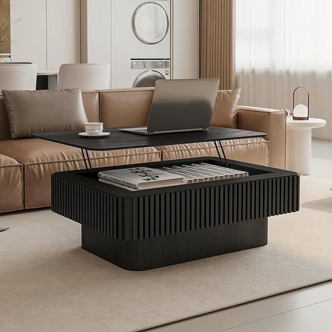 38.6'' Lift-top Coffee Table Solid Wood Veneered Center Table Rectangular Fluted Table with Storage and Adjustable Height for Living Room Apartment Office, Black