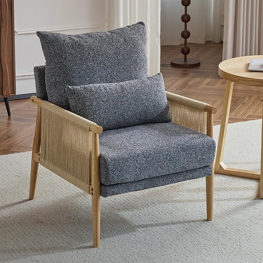 Karl home Cozy Chenille Accent Chair with Lumbar Pillow & Rattan Arms Modern Lounge Chair for Living Room, Bedroom, Reading Nook, Dark Gray