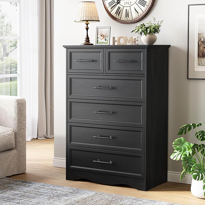 Bedroom Set, 3 Pieces Bedroom Furniture Set, Wood 6 Drawer Dresser and Nightstands with Charging Station, Farmhouse Storage Organizer Cabinet for Bedroom, Black