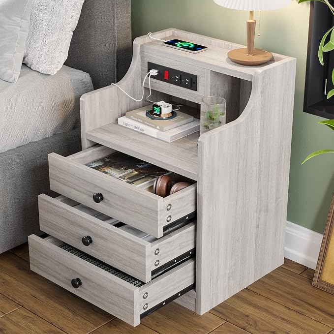 ADORNEVE Nightstand Set 2,Gray Nightstand with Charging Station & Hutch,Night Stands for Bedrooms Set of 2,Bedside Table with Drawers - Image 5