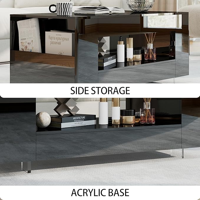Glossy Coffee Table with Open Shelf Storage - High Gloss Modern Cocktail Table for Living Room, Bedroom, Office