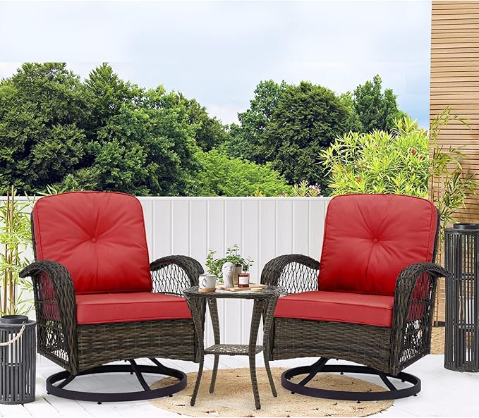 EROMMY 3 Pieces Outdoor Swivel Rocker Patio Chairs, 360 Degree Rocking Patio Conversation Set with Thickened Cushions and Glass Coffee Table for Backyard, Wine Red