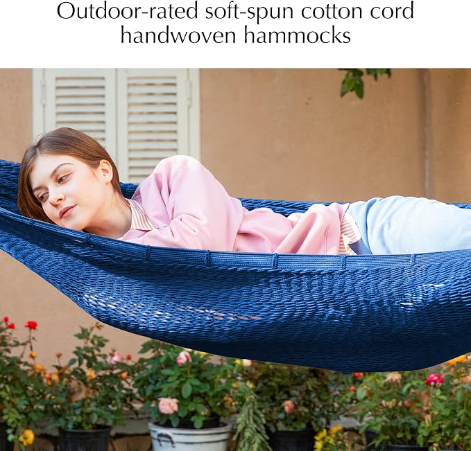 PNAEUT Handwoven Mayan Hammock, Thick Soft Rope Double Hammock for Outdoor Outside & Indoor, 600 lbs Capacity Heavy-Duty, Includes Tree Straps, Carabiners & Carrying Bag (Navy Caribe, X-Large) - Image 4