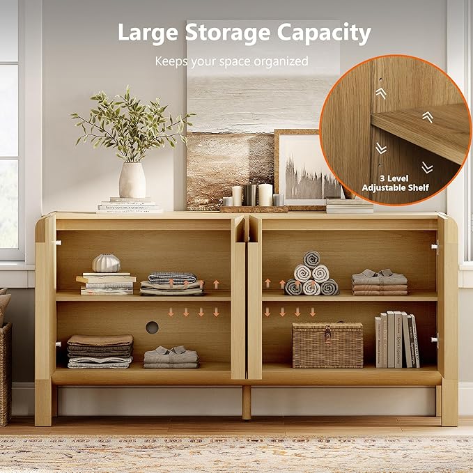 WAMPAT 2 Piece Bedroom Set, Modern 63" Wide Dresser Cabinet and Nightstand Set with Charging Station,Wood Storage Closet Chest with Curved Profile Handles for Bedroom,Light Walnut