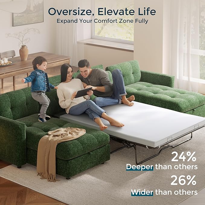 118" Oversized Sectional Sleeper Sofa with Pull Out Bed and Storage Chaise, Convertible Sofa Bed with Memory Foam Topper, Comfy L Shaped Modular Couches for Living Room Apartment Dorm Room, Green