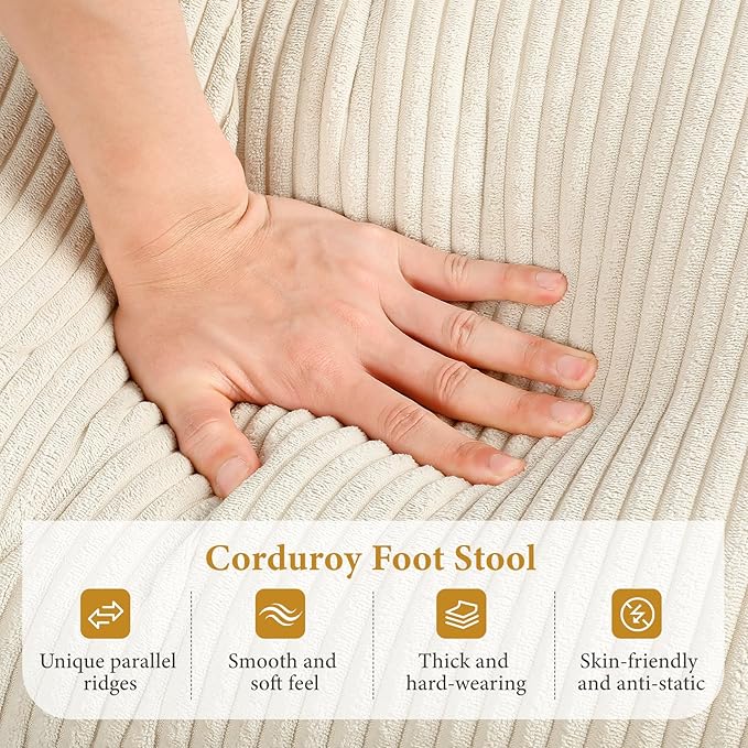 Vesgantti Large Ottoman for Modular Sofa, 29.5" Corduroy Pouf Ottoman with Spring Cushion, Rectangle Foot Rest for Couch, Entrance Footstool with Wood Legs, Footstool for Living Room, Bedroom, Beige
