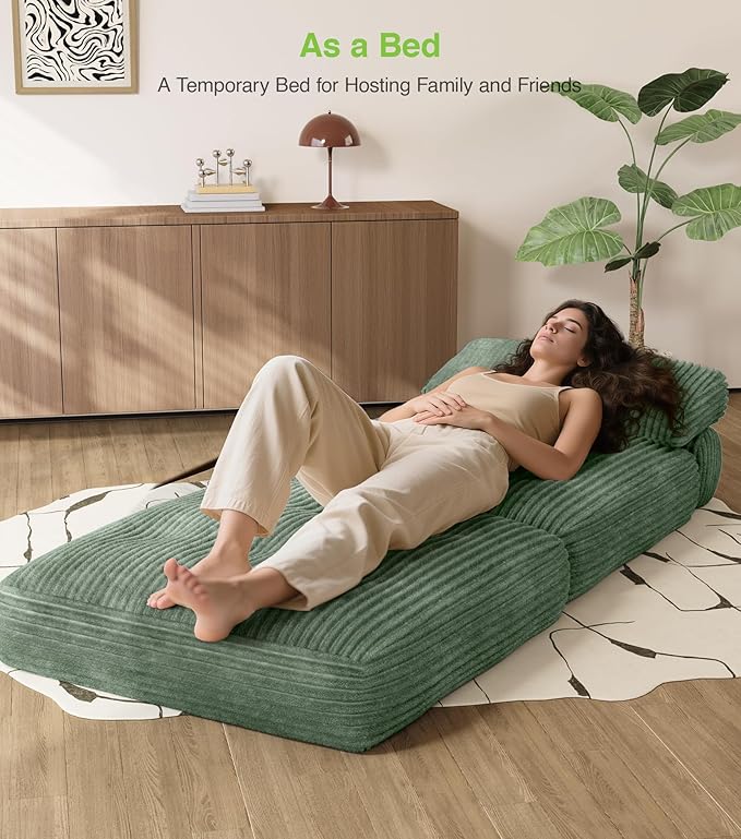 Plush Corduroy Folding Sofa Bed, Free Setup Floor Beds, 34" Boneless Couch for Small Spaces, Corner Chair, Convertible Sleeper Chair, Corner Couch, Foldable Sleeper Sofa Beds, Green
