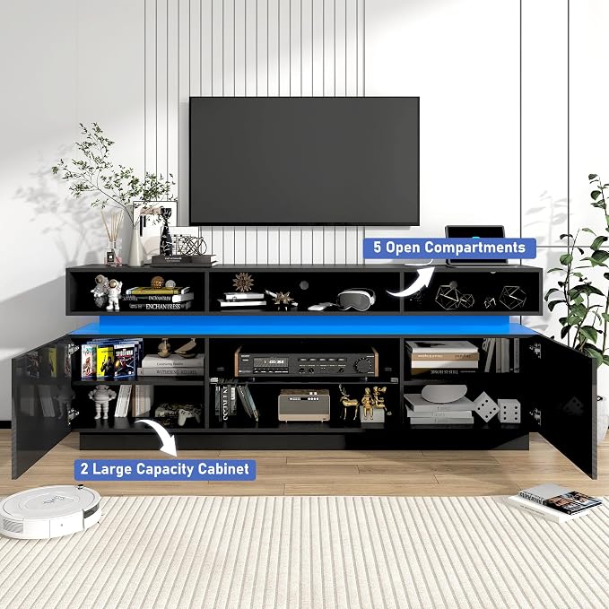 chartustriable LED TV Stand for 75 Inch TV, Modern Tall Entertainment Center with Power Outlets, High Gloss TV Stand, Gaming TV Media Console with Glass Shelf for Living Room, 63 Inch, Black - Image 5