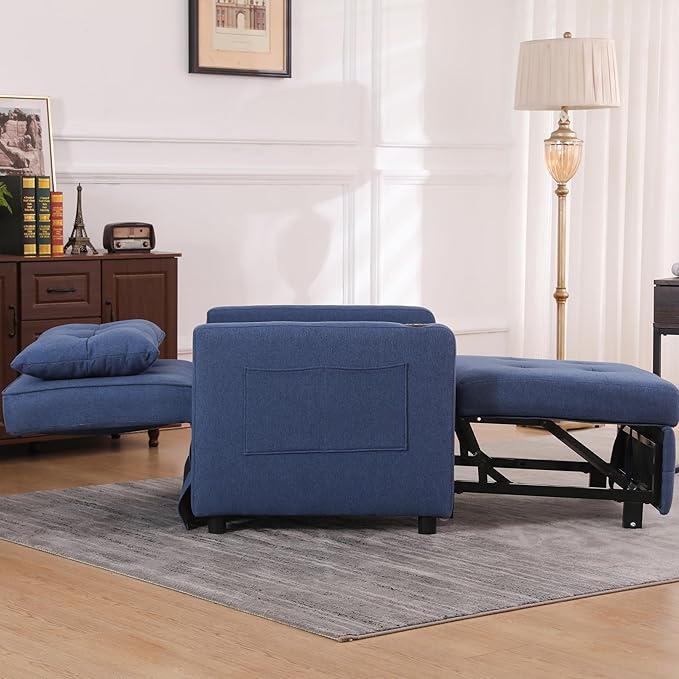 Ball & Cast 3 in 1 Sleeper Sofa Bed,Convertible Pull Out Couch with USB Ports and Side Pocket,Single Sofa Chair W/Adjustable Backrest,Futon Chaise Lounge for Living Room,Apartment,Blue,31"