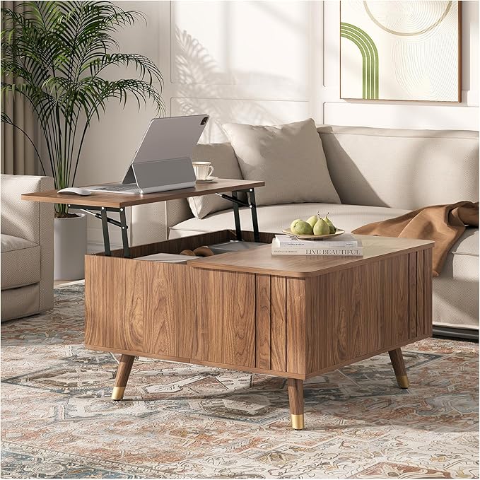 Square Coffee Table with Lift-Top & Flip-Top Storage, 36" Functional Modern Accent Center Table with Solid Wood Legs, Rustic Walnut Coffee Tables for Living Room Small Space or Office
