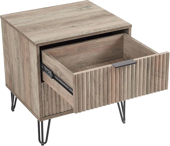 Manhattan Comfort Dumbo Modern Nightstand 2.0 with 2 Metal Feet | Splayed Gold Legs | Vertical Ribbed Design | No Tool Assembly Storage for Bedroom, Set of 2, Rustic Grey - Image 7