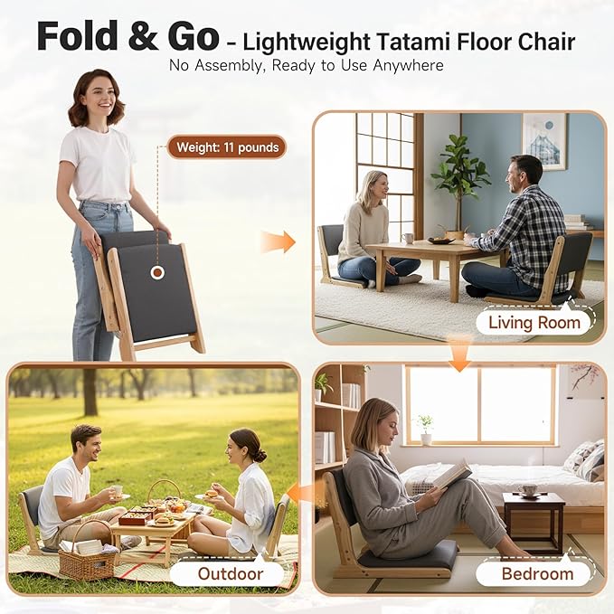 Tiita Floor Chair with Back Support, Foldable Meditation Tatami Chairs, Backrest Chair with Cushion, Living Room Chair Seat 4 Pack, Wood Dark Grey