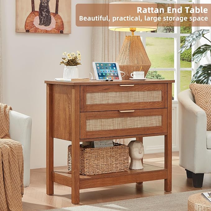 LEYAOYAO 31.5" Wide Rattan Night Stand with Charger Station, Oversized Large Boho Nightstand with 2 Drawer, Tea Brown Bed Side End Tables, Tall Bedside Table for Bedroom Living Room, Hallway - Image 3