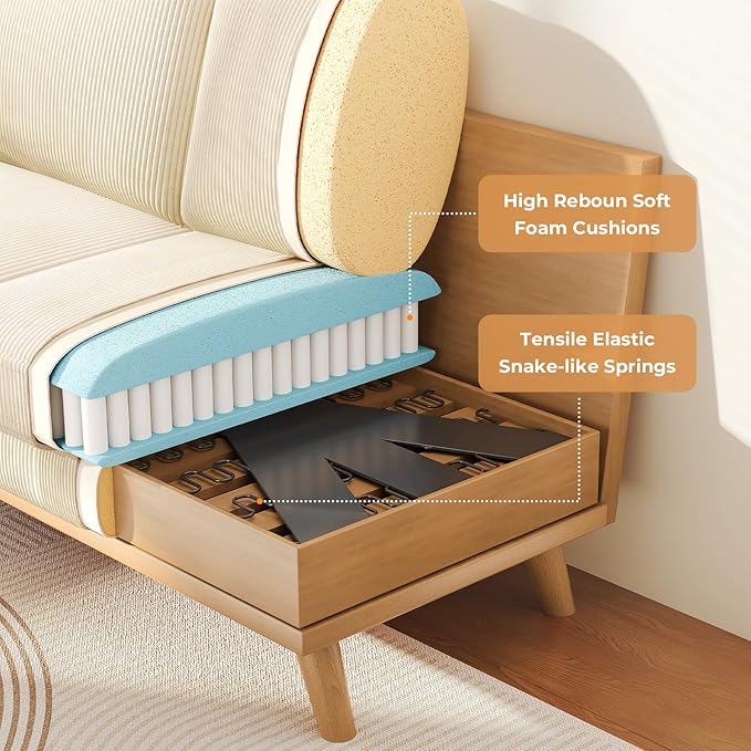 68" Beige Corduroy Loveseat Sofa, Comfy Deep Seat Couch with Spring Cushion & Solid Wood Frame, Modern 2-Seater Sofa for Living Room Bedroom Office