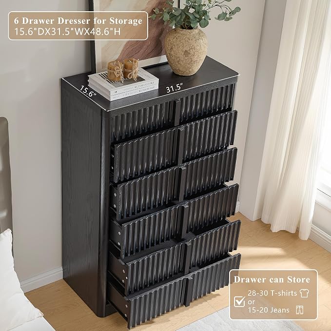 YANSNWO Black Fluted Dresser for Bedroom, 48.6" Tall 6 Drawer Dresser, Curved Profile Design, Modern Wooden Chest of Drawers with Solid Wood Handle for Living Room, Bedroom - Image 6